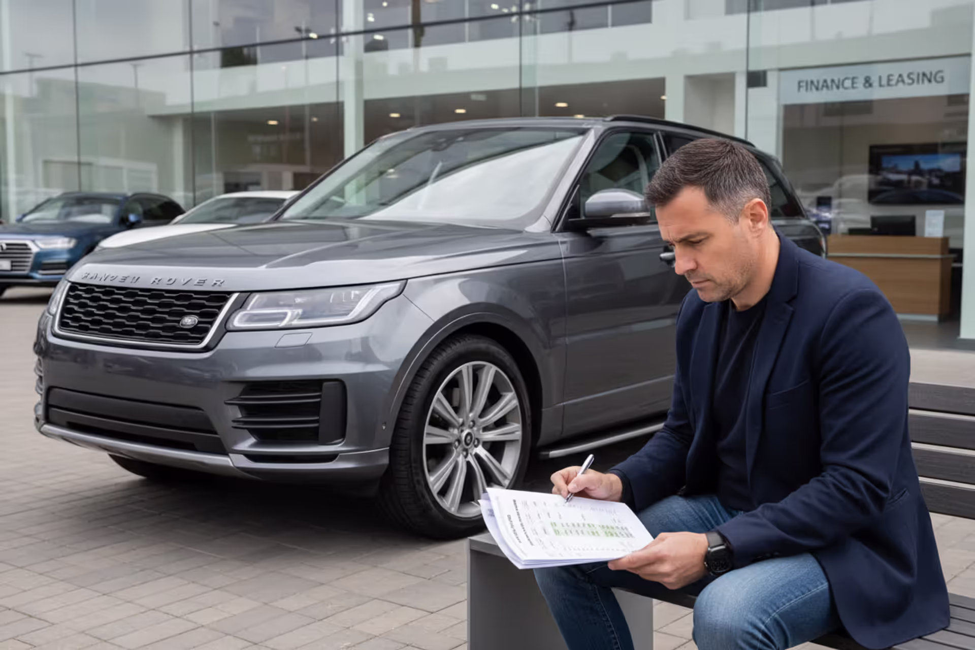 Person reviewing car financing paperwork next to a pickup truck at a dealership