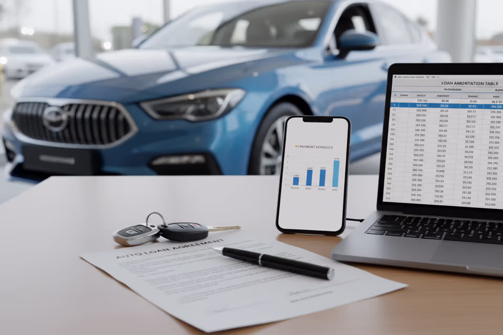 Car loan documents, car keys, and amortization schedule on a desk