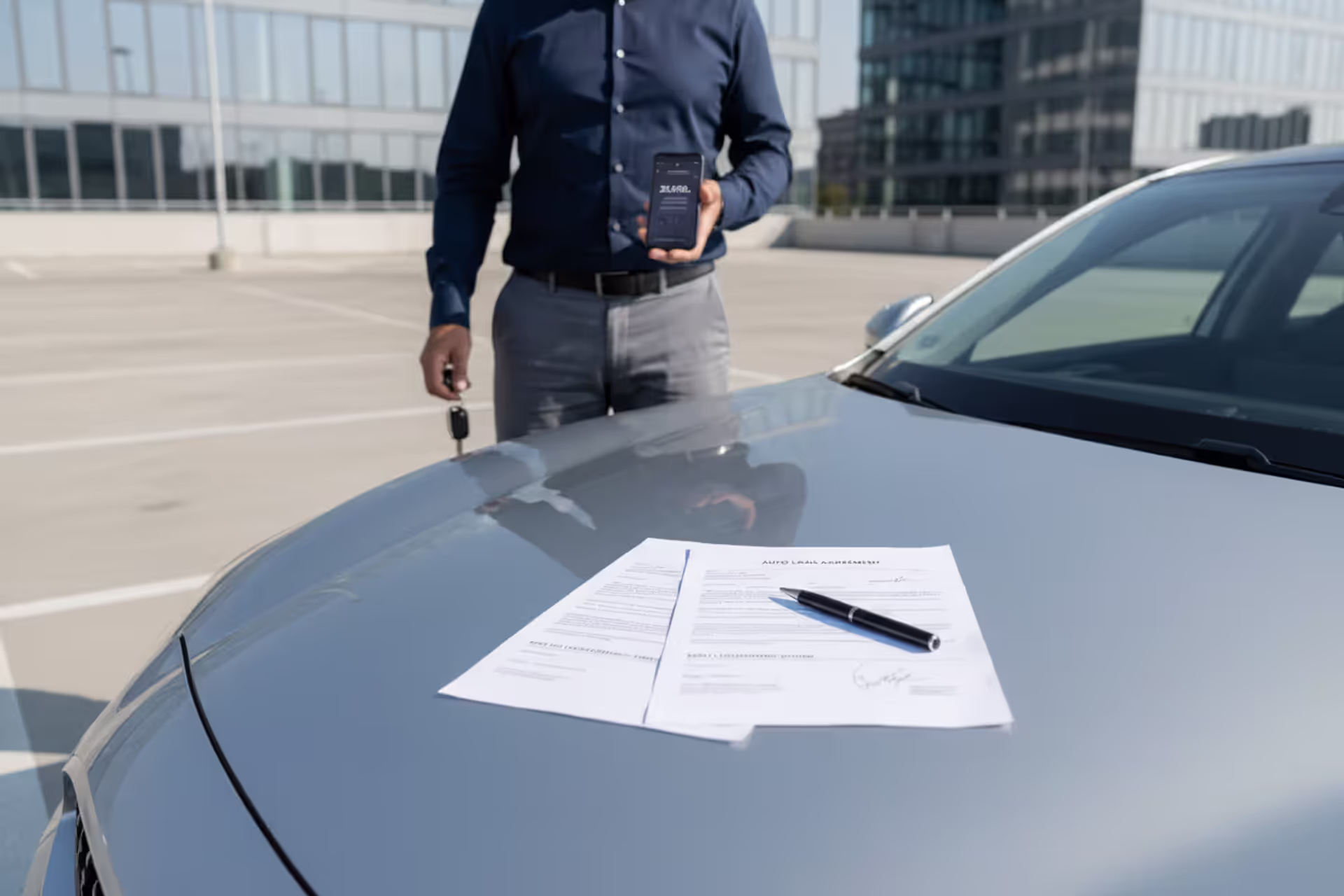 Person reviewing car loan payments next to a parked car