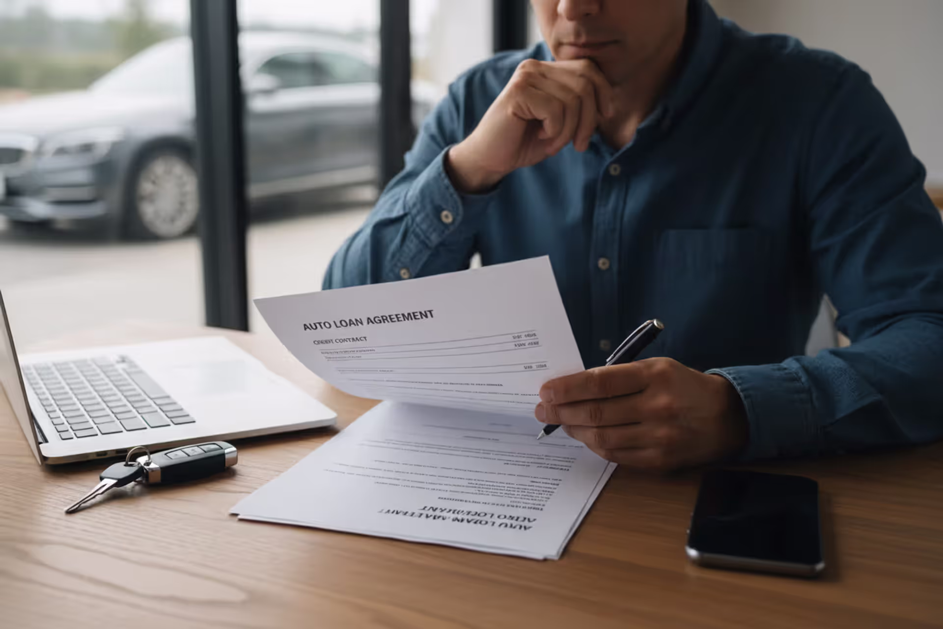 Person reviewing a car loan contract with car keys on a desk