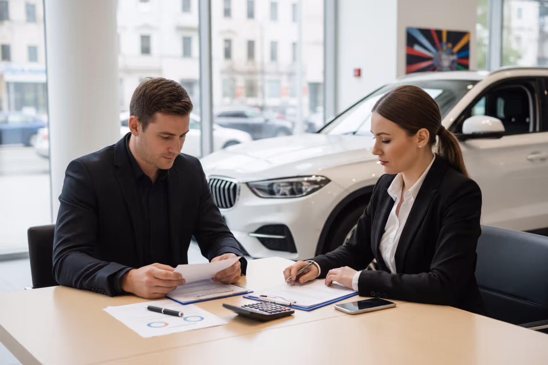 Customer reviewing car loan documents with a dealership finance manager