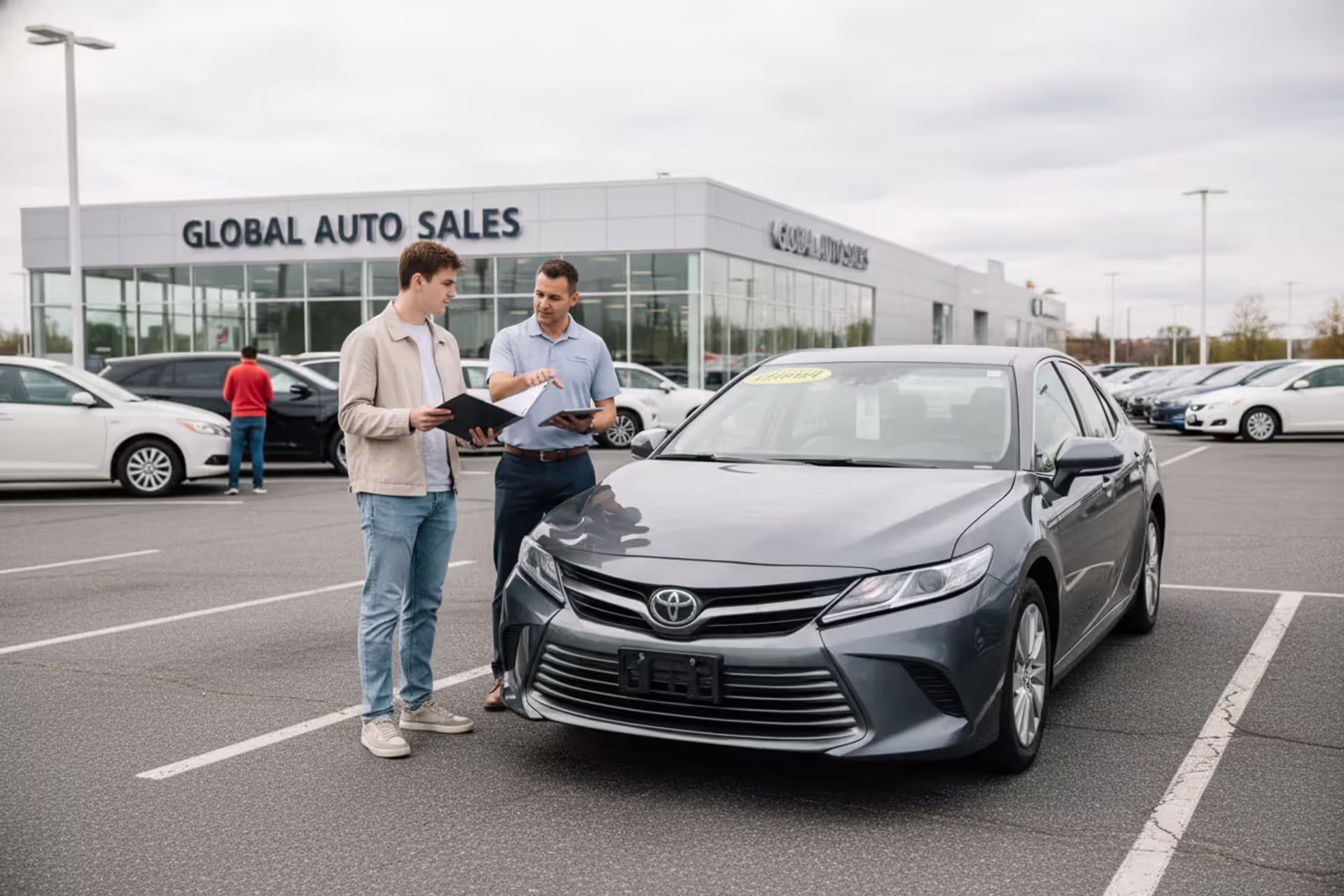 Young first-time car buyer reviewing documents next to a used car at a dealership