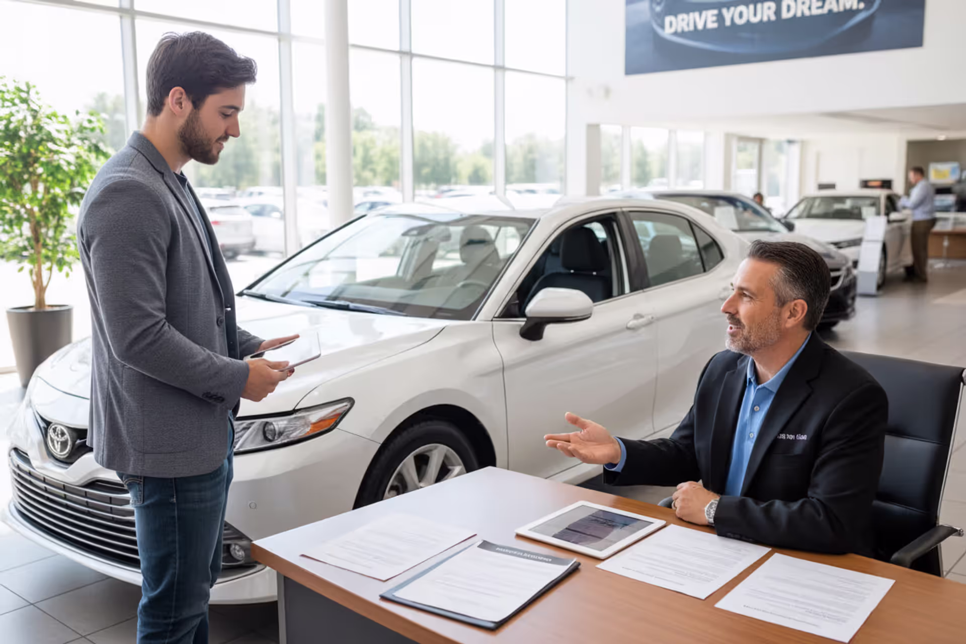 Buyer discussing zero down car financing at a dealership