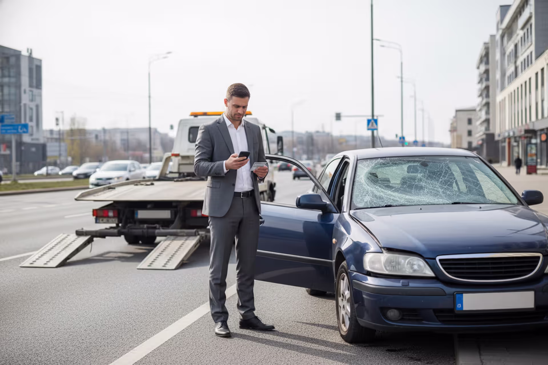 Driver reviewing insurance documents beside a damaged car after an accident
