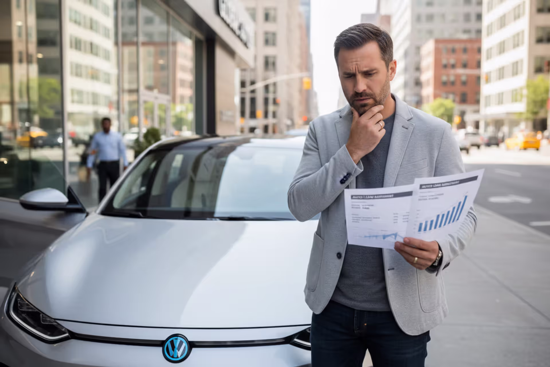 Concerned car owner reviewing auto loan documents beside a vehicle
