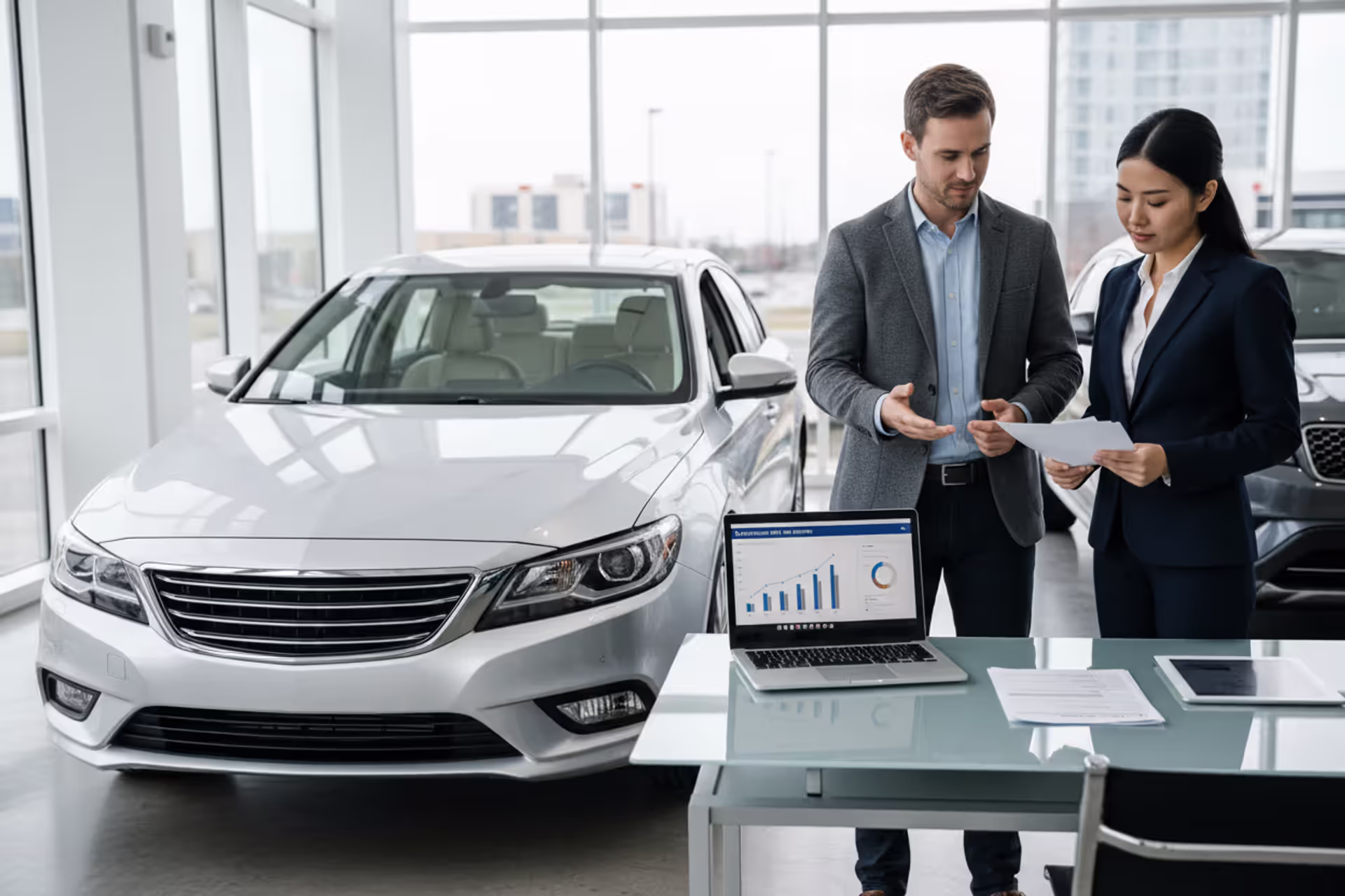 Customer reviewing new car financing options at a dealership