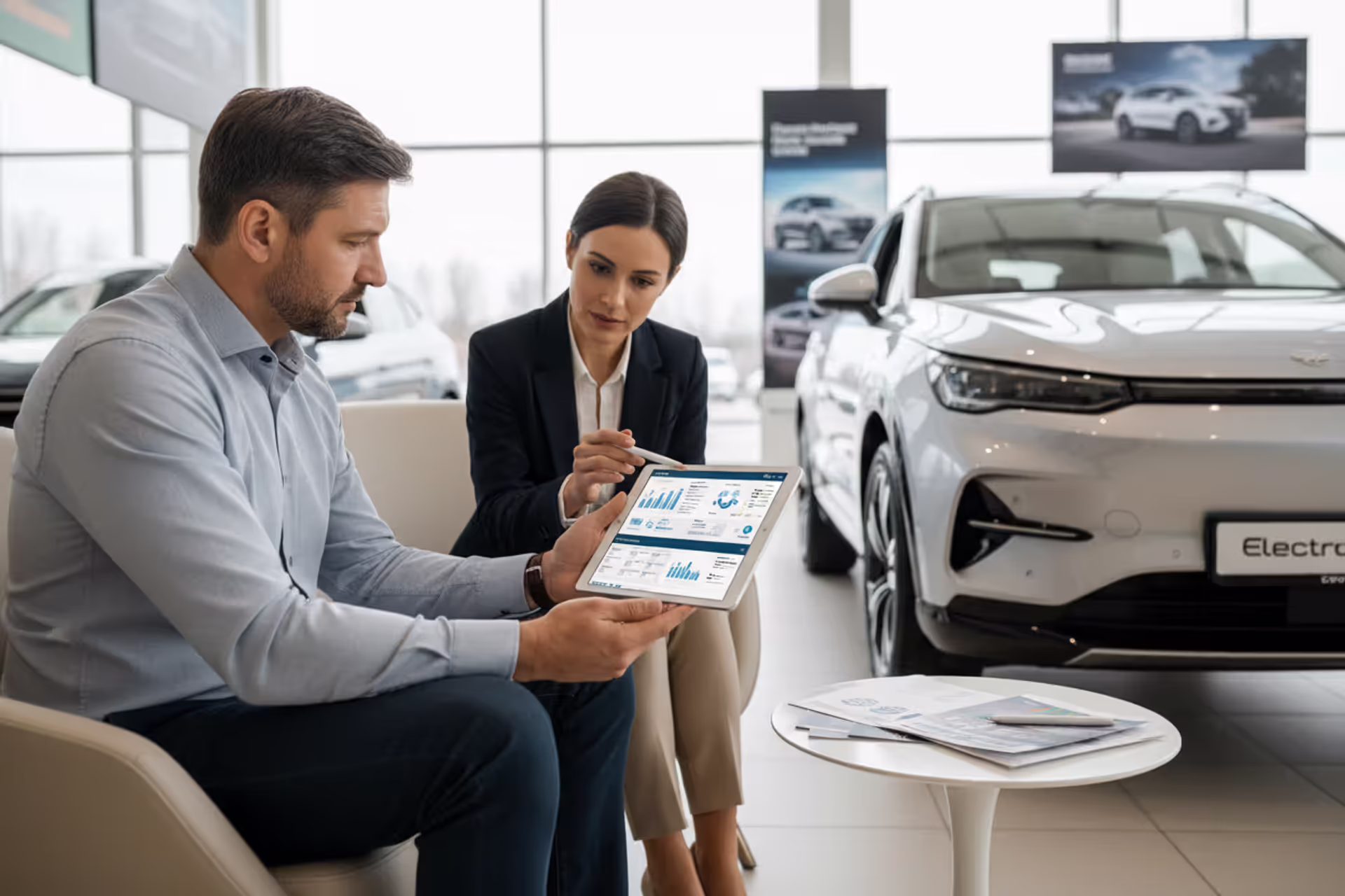 Buyer reviewing car loan terms next to a new car at a dealership