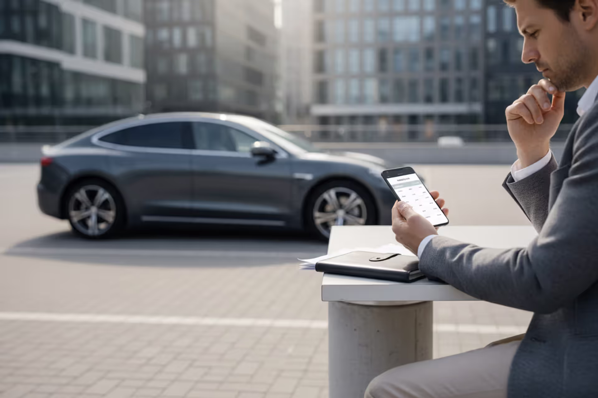 Person reviewing car loan refinancing options near a parked car