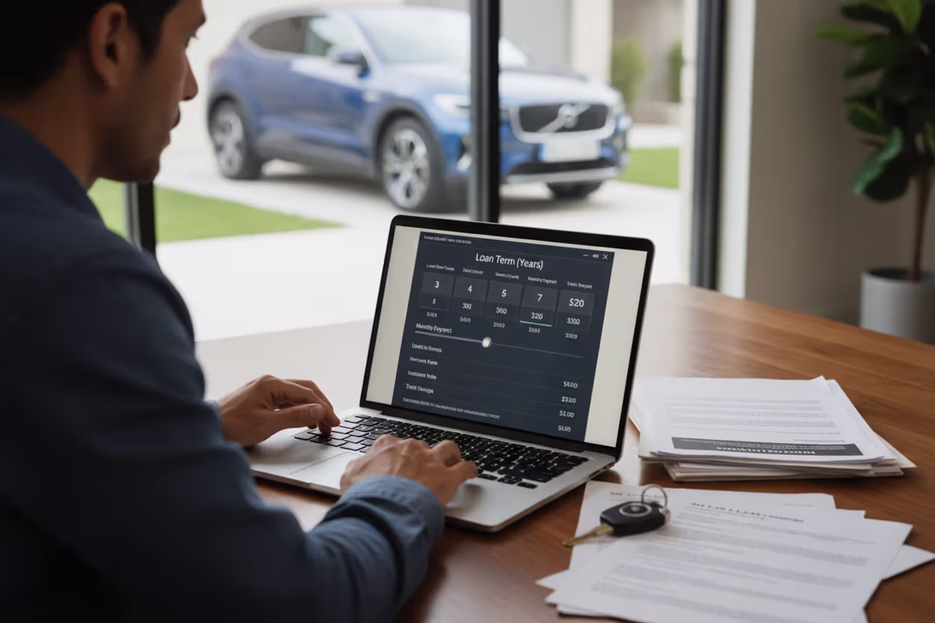 Person reviewing car loan refinance options on a laptop with car keys and documents