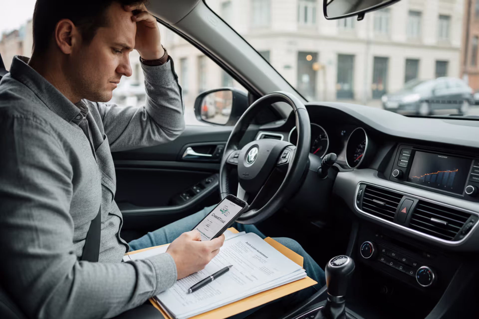Borrower reviewing car loan refinance documents inside a vehicle