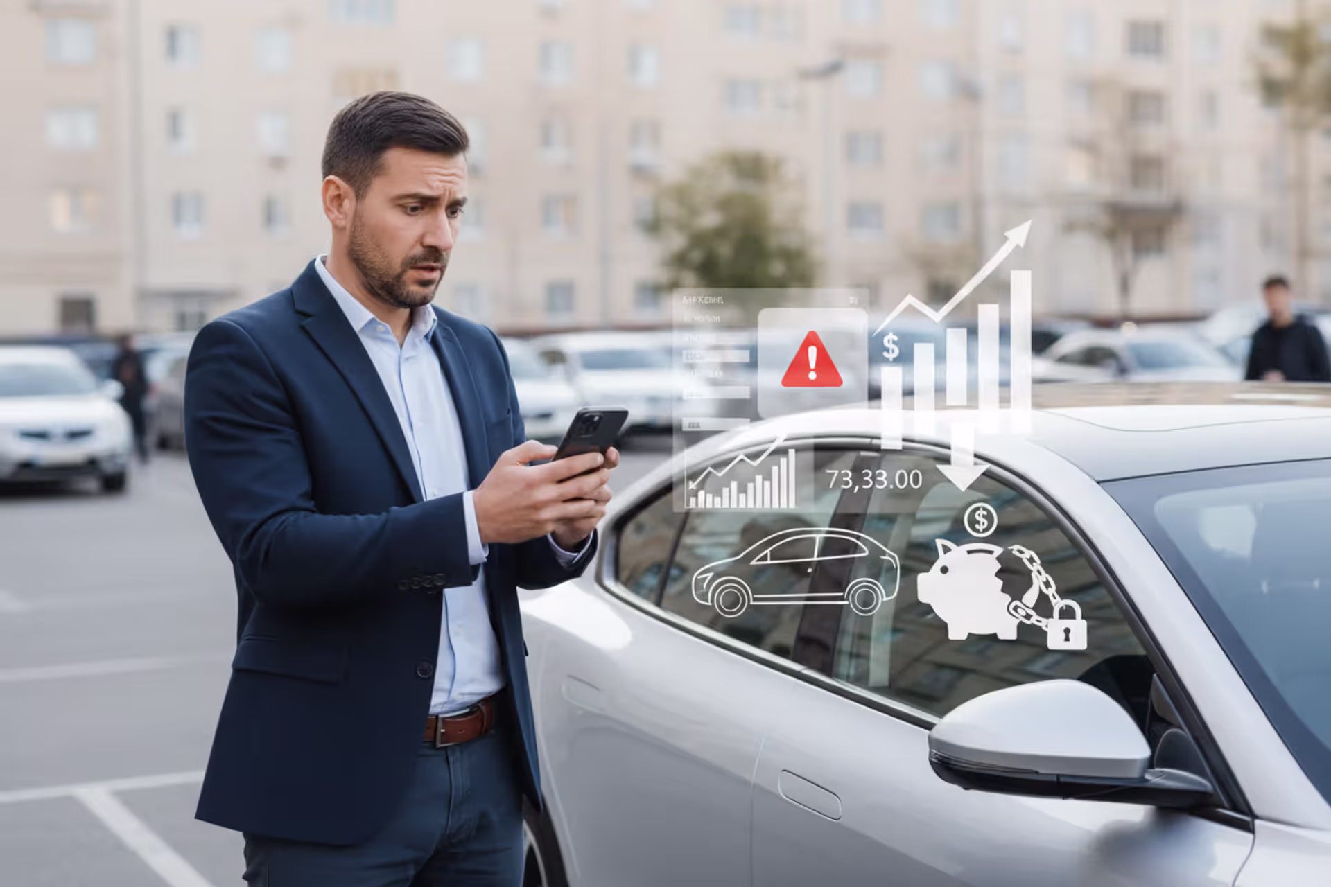 Car owner checking loan balance next to a vehicle