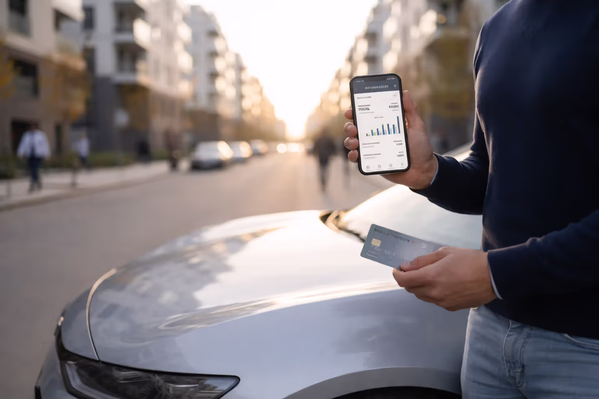 Person reviewing car loan balance on smartphone next to a parked car