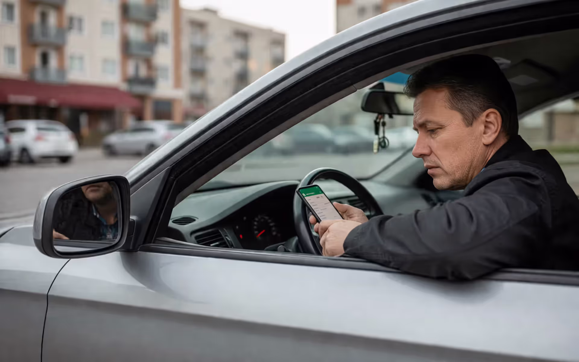 Worried car owner looking at a missed payment notice near a vehicle